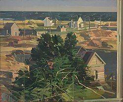Crescent Beach, Block Island, Tower View, oil painting of cottages and the sea seen through a window
