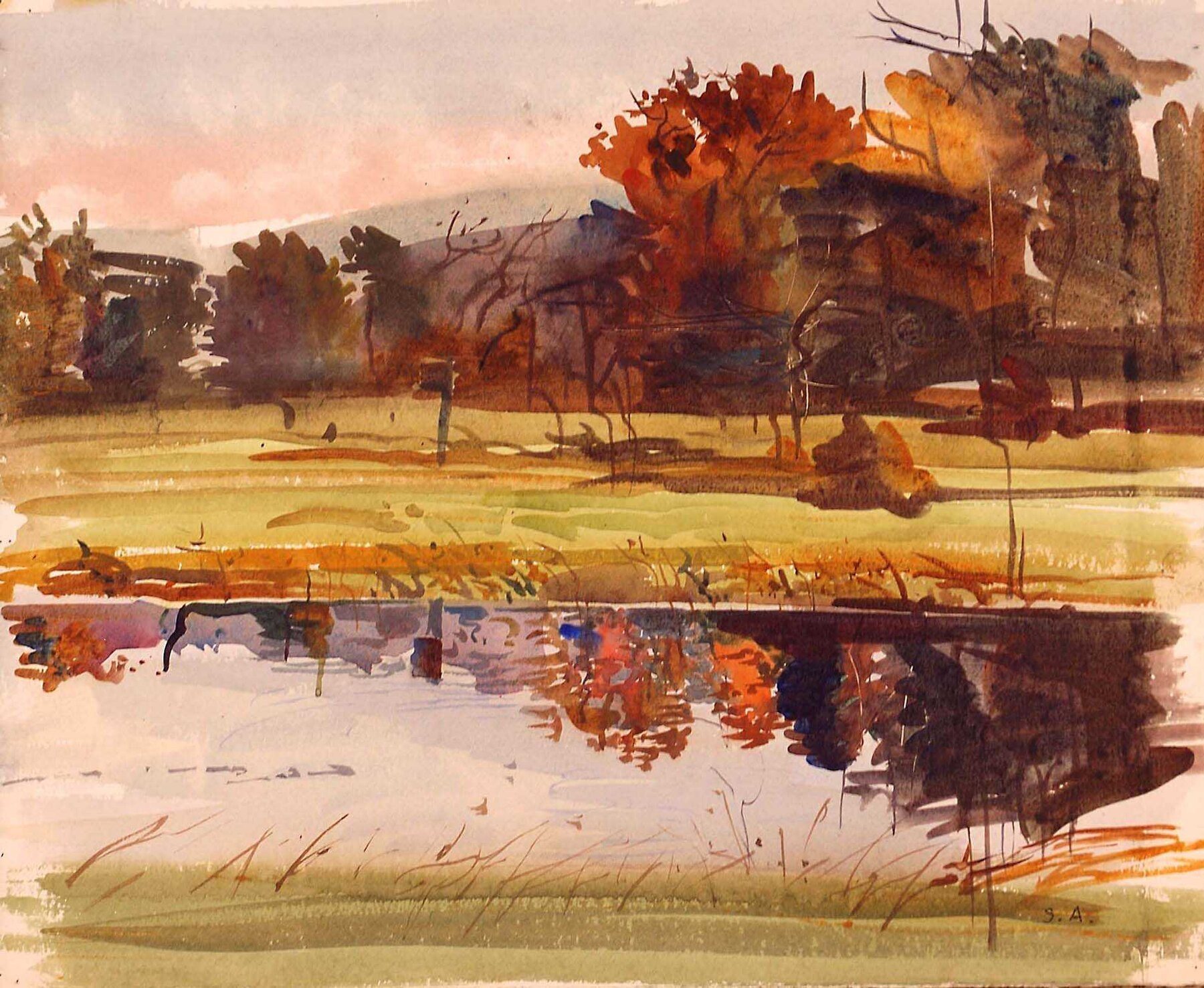 Watercolor of autumn trees reflected in still water